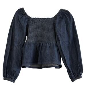 J.Crew Chambray Prairie Milkmaid Smocked Puff Sleeve Peplum Top Blue XS
